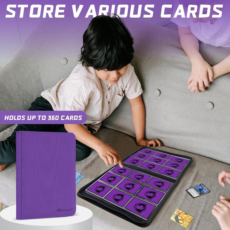Fonwill 9 Pocket Card Binder,360 Pockets Trading Card Holder Book, Premium PU Cover Zip Folder Binder,Side Loading Carrying Case Binder Album for TCG,MTG,Sports Cards,Game Cards (Purple) - Image 2